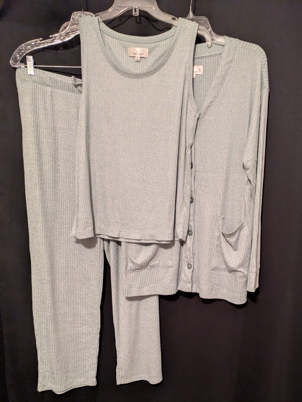 CuddlDuds Ribbed Knit Three Piece Lounge Set Grey Size Large 14-16